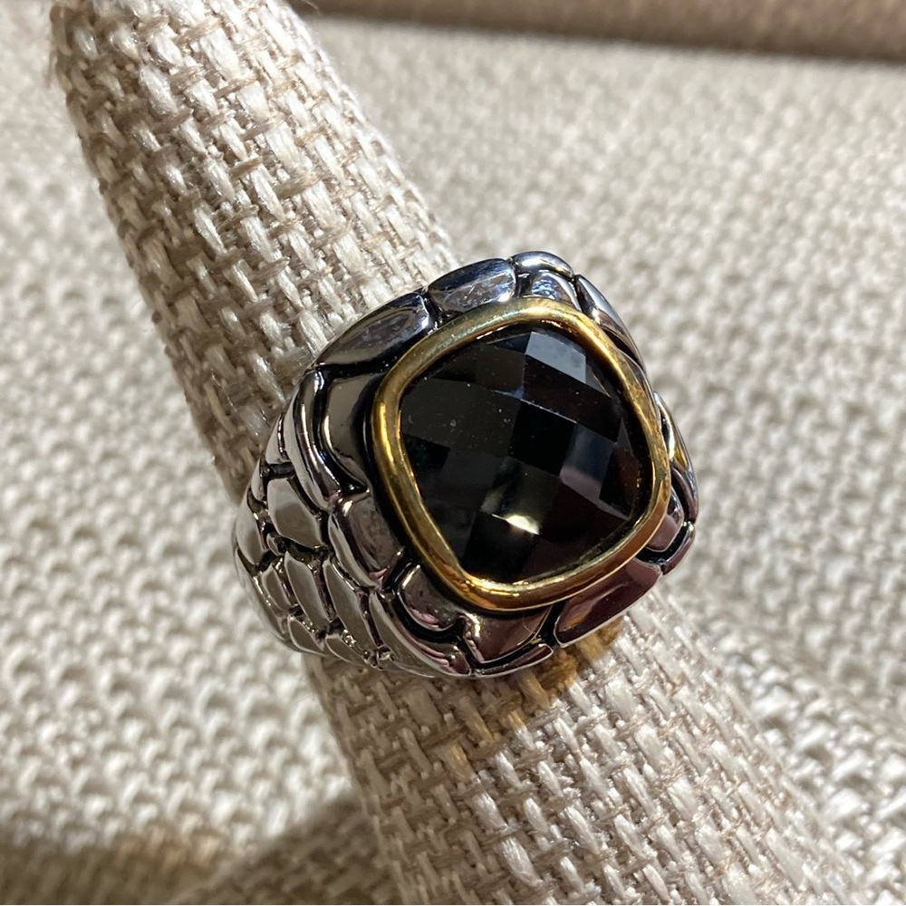Black Glass Stone Cocktail Ring Two Tone Rock Dragon Scale Pattern Size 7.75